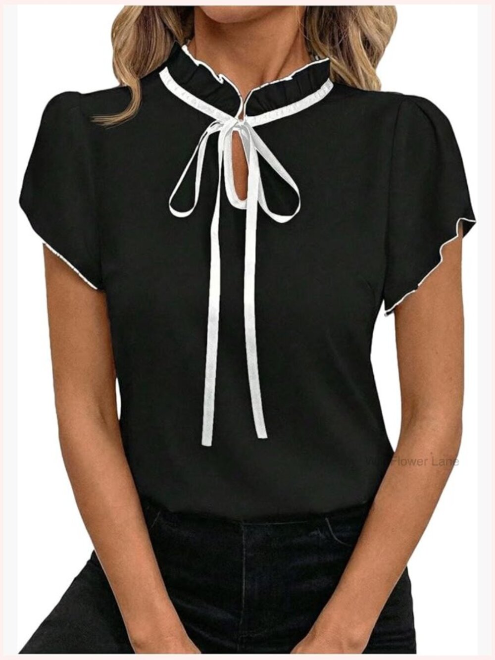 Ruffle Tie Neck Blouse Short Sleeve Work Shirt Elegant Top